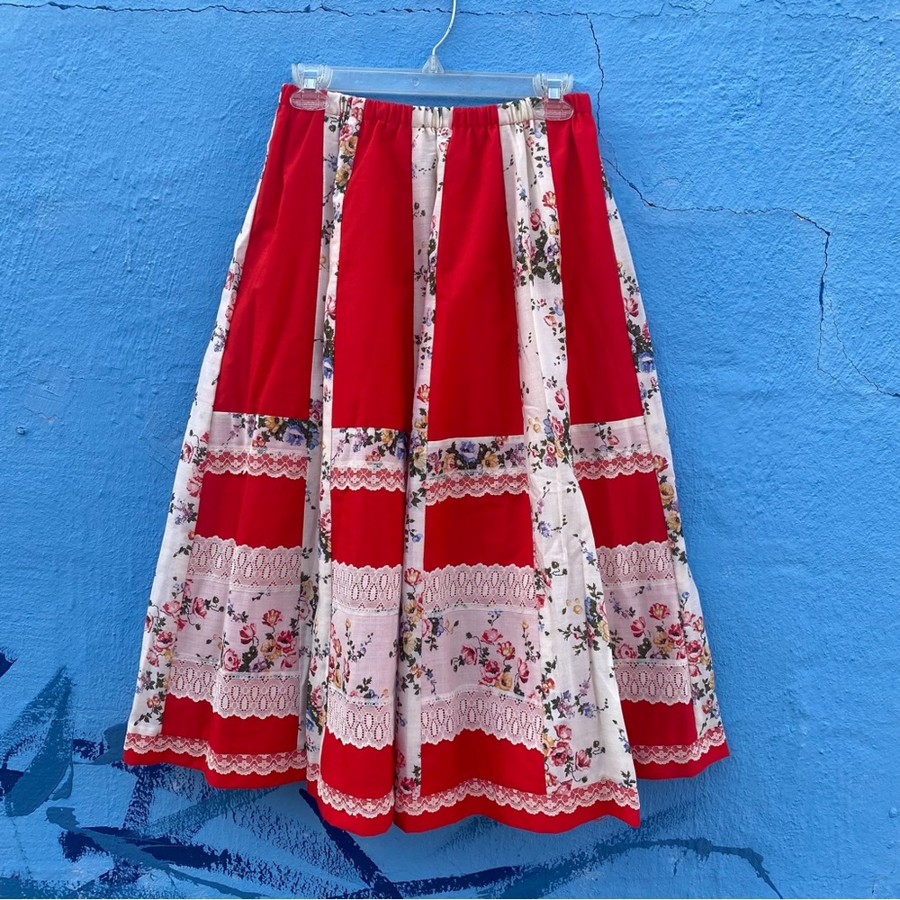 Vintage Floral Patchwork Red Prairie Skirt with lace trim, elastic waist
